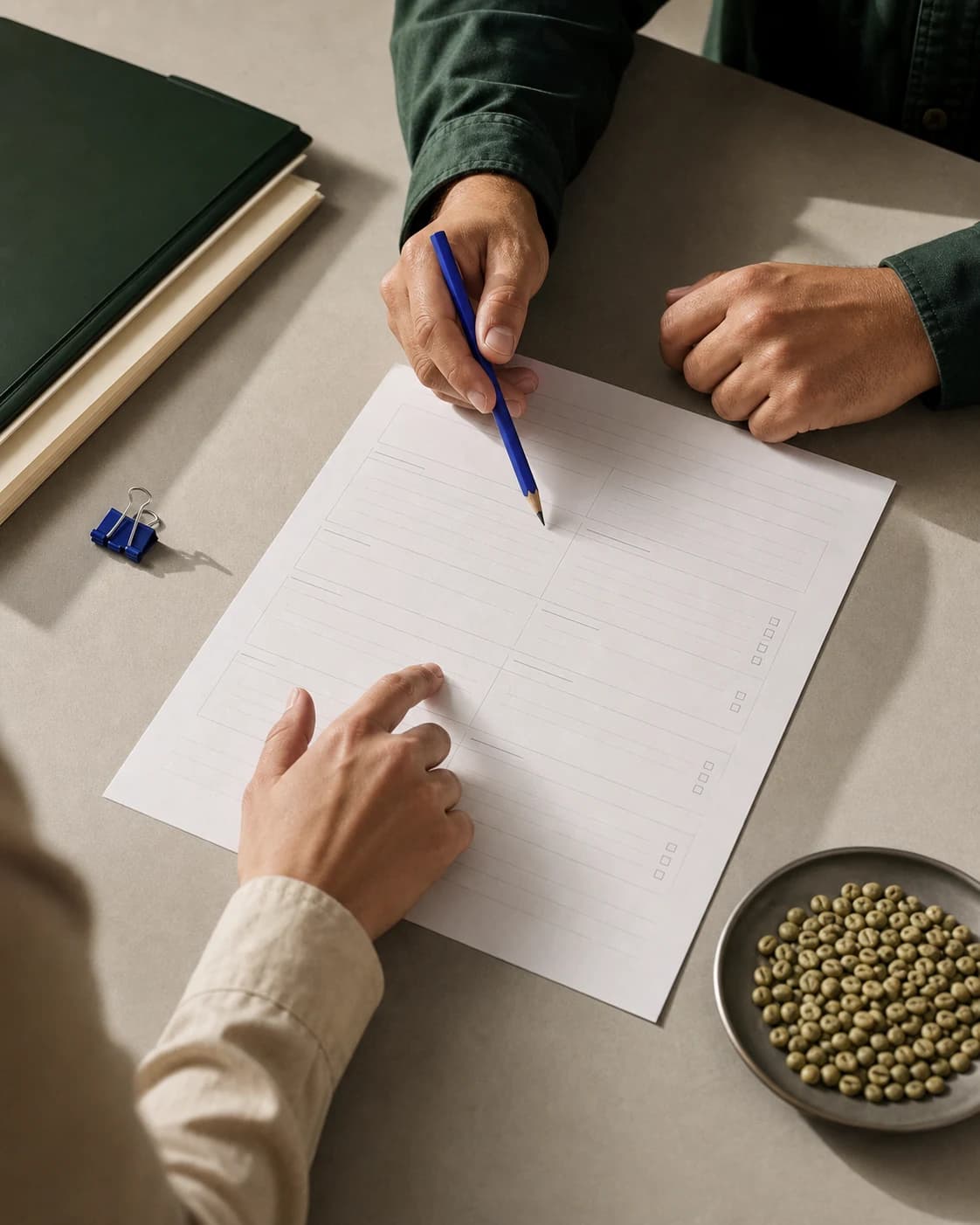 Dos profesionales revisan una ficha comercial sin datos personales junto a una muestra de café verde