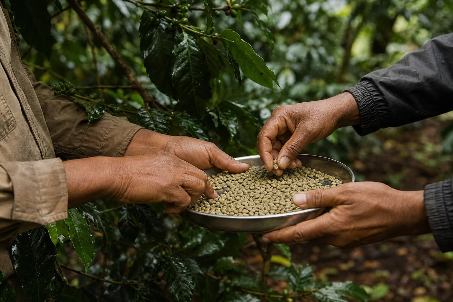 Manos de dos personas revisando juntas una muestra de café verde bajo cafetos
