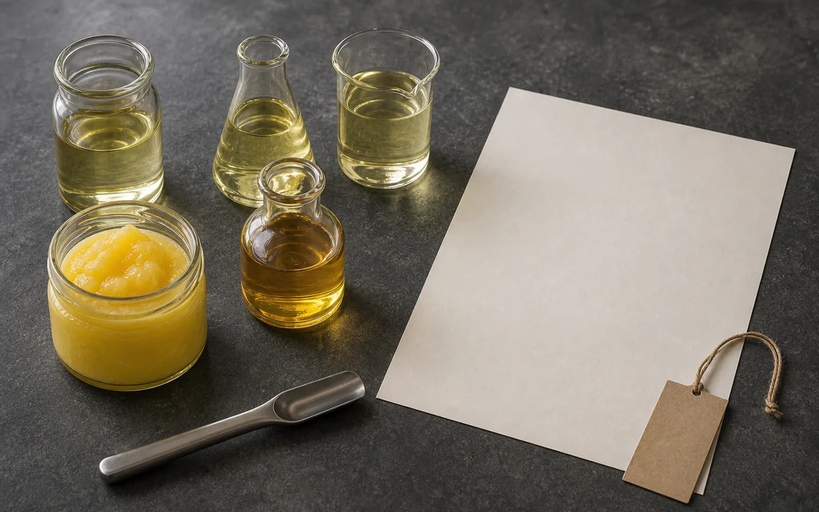 Muestras editoriales de ghee y aceites vegetales en recipientes neutros