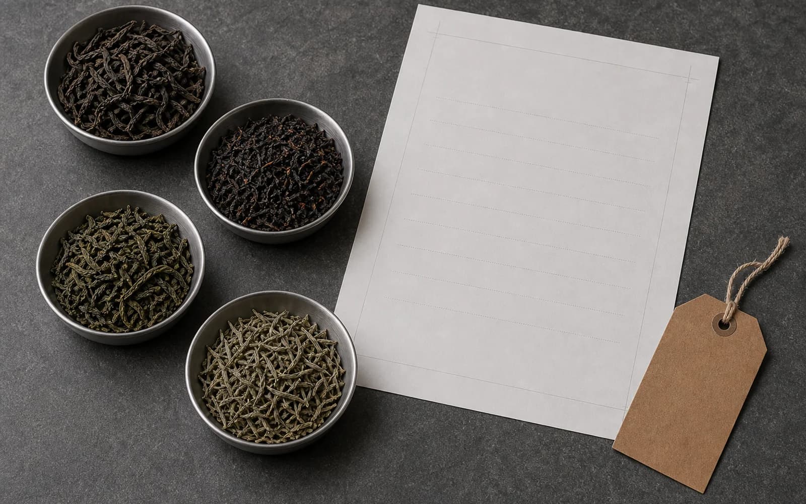 Hojas y muestras de té dispuestas sobre una mesa editorial de evaluación