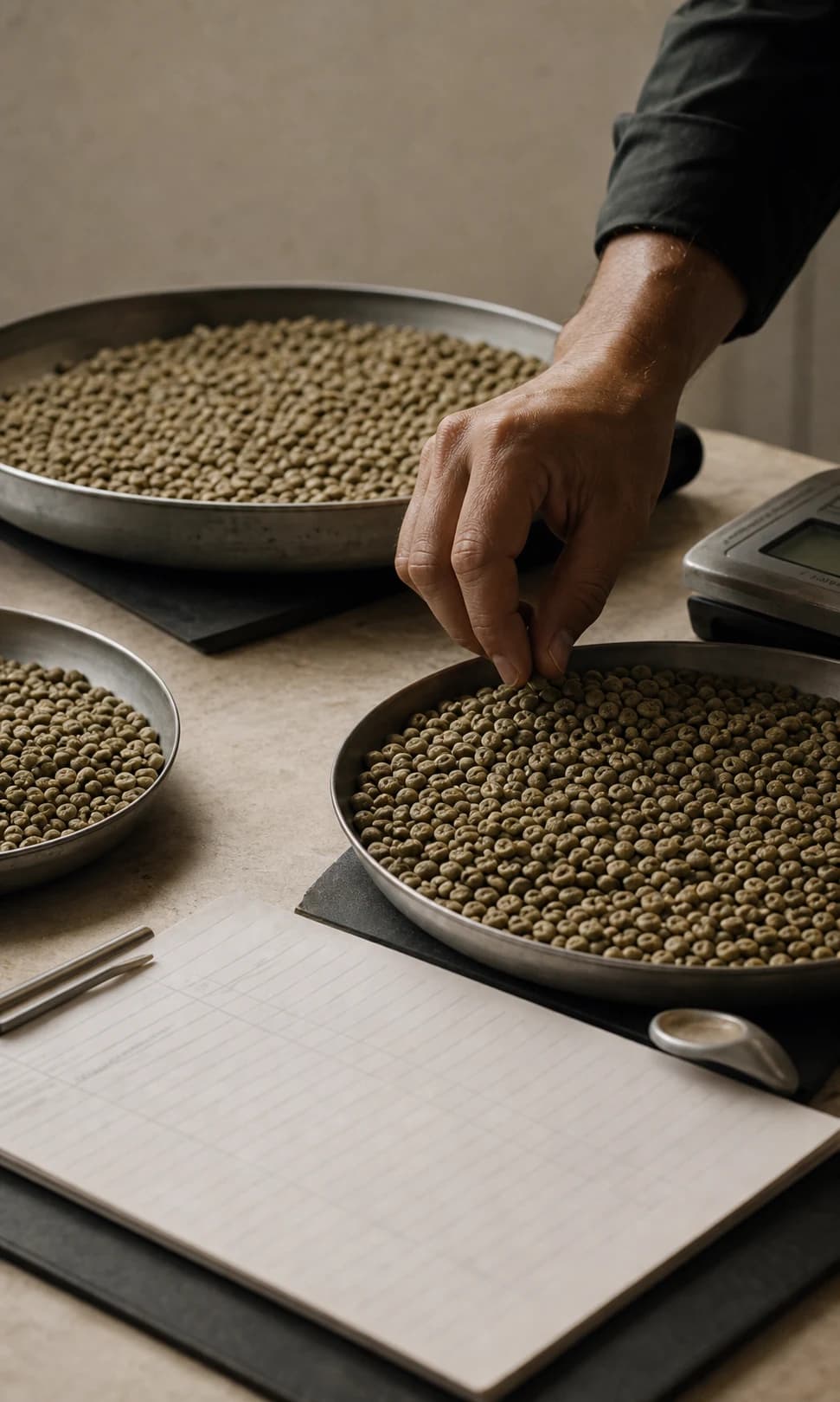 Selección manual de café verde en bandejas de control junto a una ficha sin completar